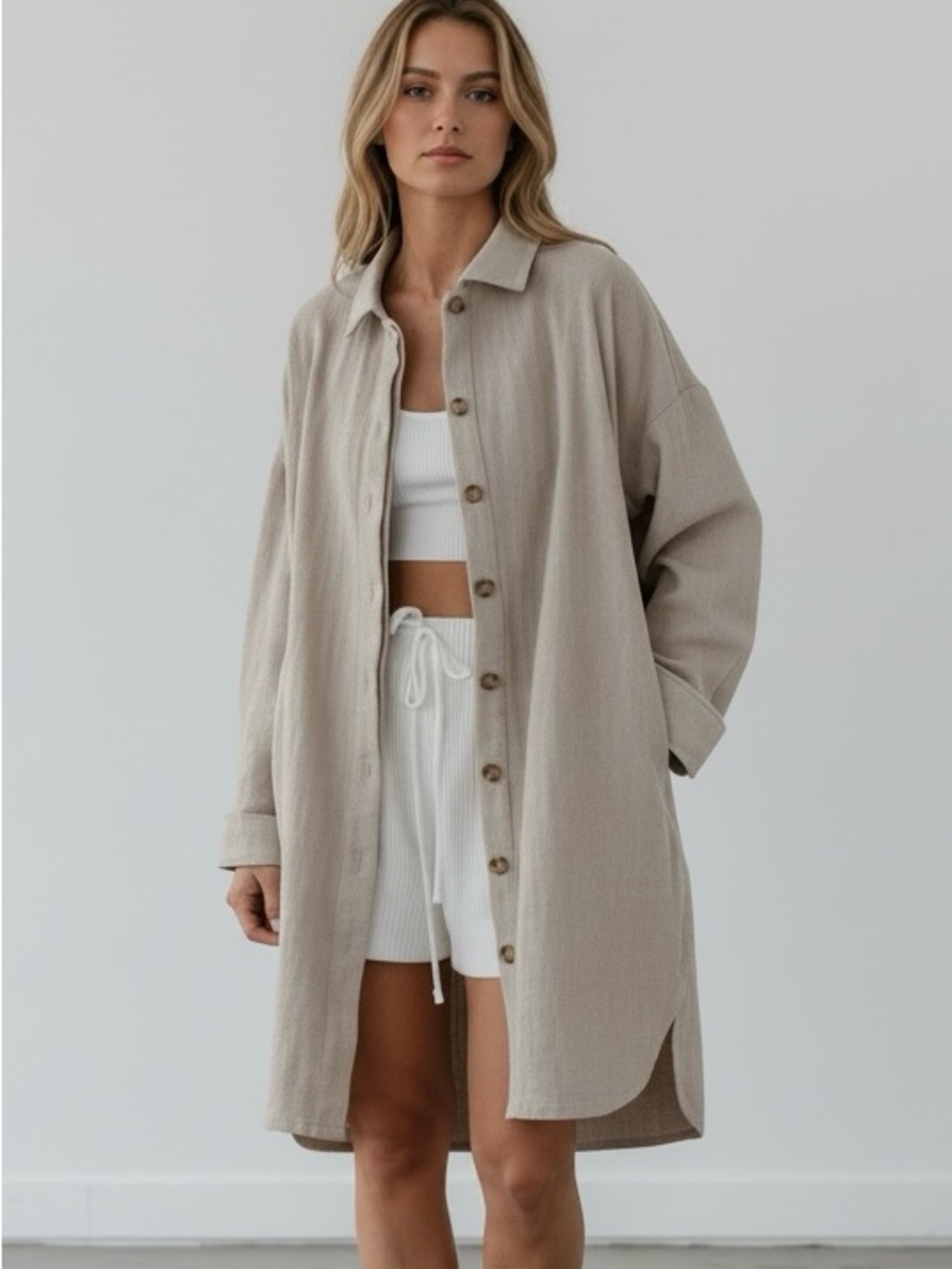 Elegant Gray Longline Button Down Corduroy‎ Shacket Jacket